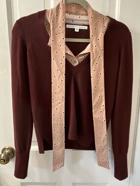 Veronica Beard Mixed Media 2 in 1 Layered Sweater Blouse in Burgundy